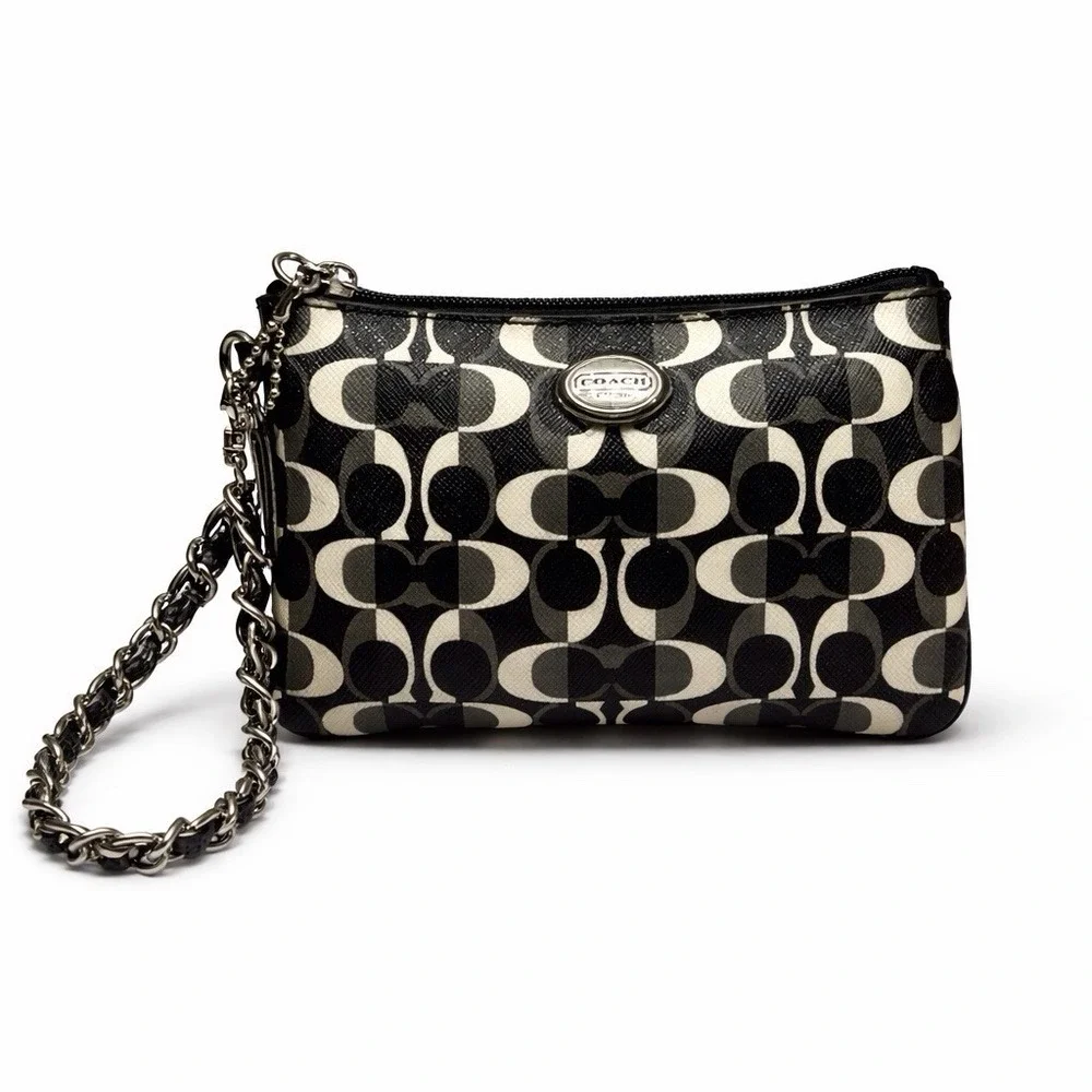 Coach Op Art Signature Wristlet Black Gray Silver Chain EST 1941